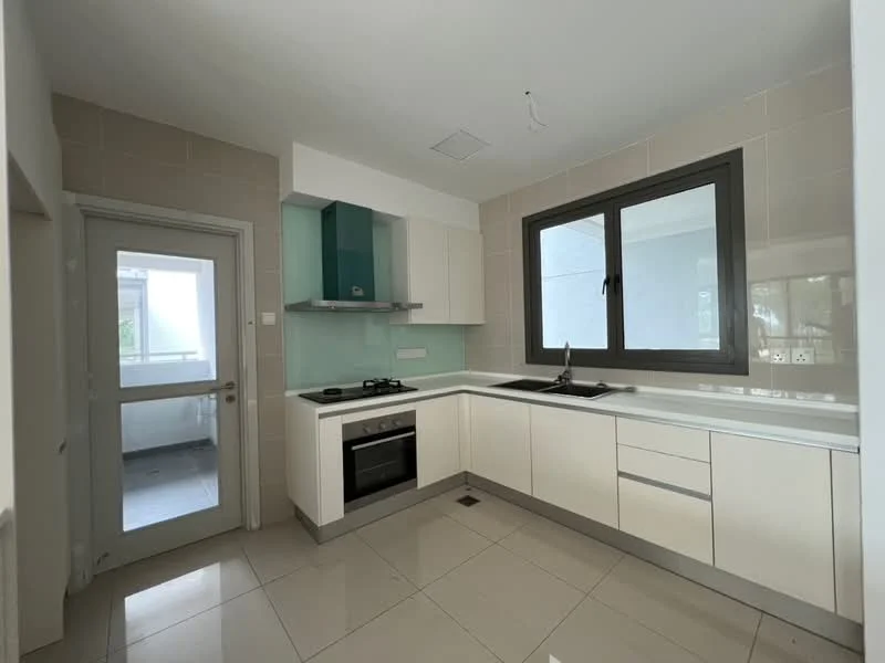 Kitchen features: white cabinetry with flat-panel doors, black countertop, stainless-steel built-in oven, stainless-steel gas hob, stainless-steel range hood, single-bowl stainless-steel sink, chrome pull-down faucet, grey tiled backsplash, large window for natural light, light-colored tiled flooring, open layout with adjacent space; style: modern.
