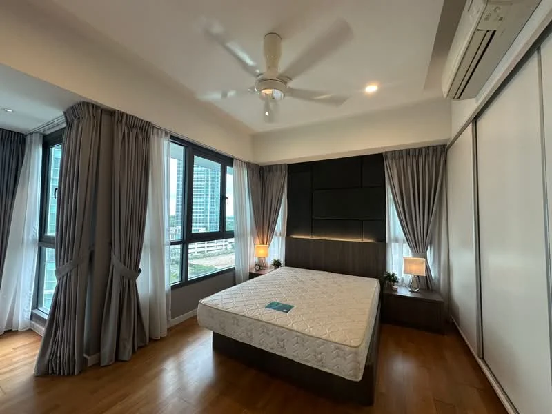 Bedroom features: queen-size bed, wooden flooring, 5-blade ceiling fan with light, floor-to-ceiling windows, grey curtains, wall-mounted headboard, nightstands with lamps, built-in wardrobe with sliding doors; style: modern; view: city.