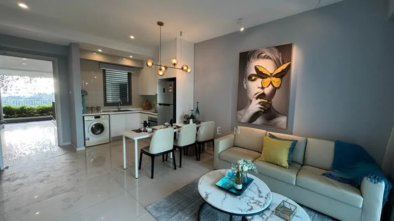 Living features: sofa in light beige, coffee table, area rug with geometric pattern, wall-mounted TV, framed artwork with a butterfly, pendant lighting with multiple bulbs, floor-to-ceiling windows, sliding glass door, dining table for four, white cabinetry, stainless-steel fridge, washing machine, marble tile flooring, grey accent wall, decorative cushions in blue and yellow; style: modern; view: city. Kitchen features: white cabinetry, stainless-steel fridge, built-in oven, 4-burner gas hob, single-bowl stainless-steel sink, chrome pull-down faucet, quartz countertop, white subway tile backsplash; style: modern.