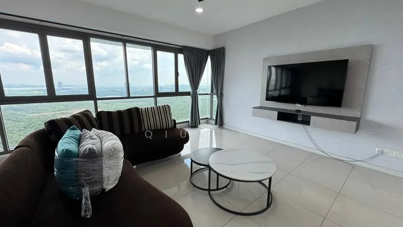 Living features: 3-seater fabric sofa in dark brown, decorative cushions in blue and silver, round coffee table with white top, flat-screen TV mounted on wall, TV console with storage, floor-to-ceiling windows, curtains in grey fabric, glossy tile flooring, city view visible through windows, recessed ceiling lights; style: modern; view: city.