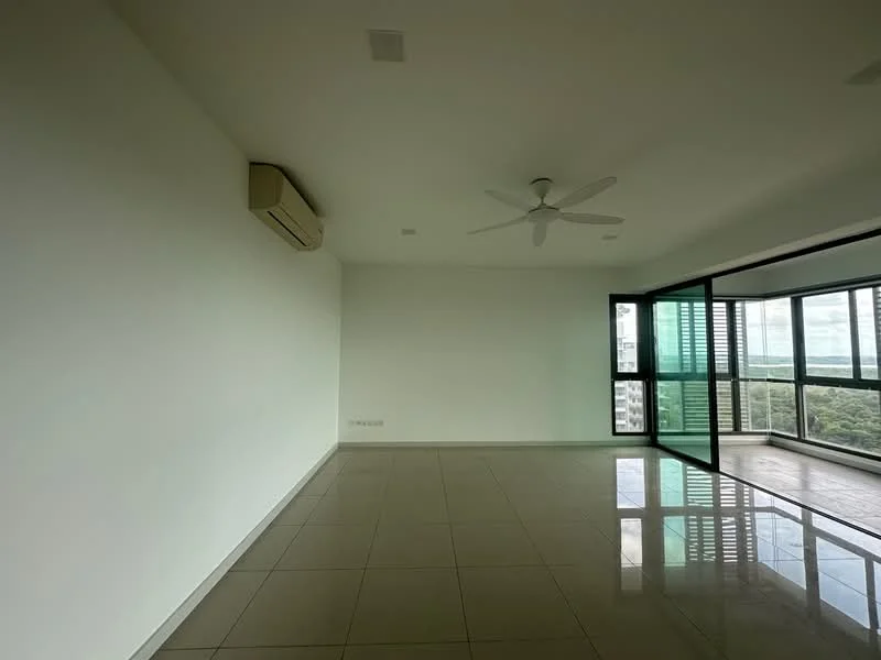 Living features: white painted walls, glossy ceramic tile flooring, 5-blade ceiling fan with light, floor-to-ceiling windows, sliding glass door, greenery view, air conditioning unit, natural light; style: modern; view: garden.