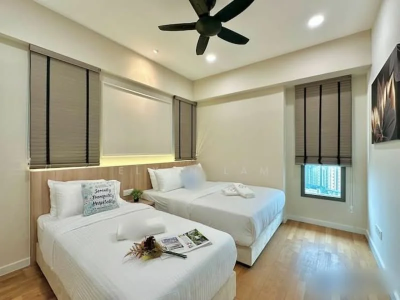 Bedroom features: two queen-size beds with white bedding, wooden headboard, black ceiling fan, wooden flooring, two windows with blinds, decorative wall art, nightstand with decorative items, built-in wardrobe, soft lighting, neutral painted walls; style: modern; view: city.