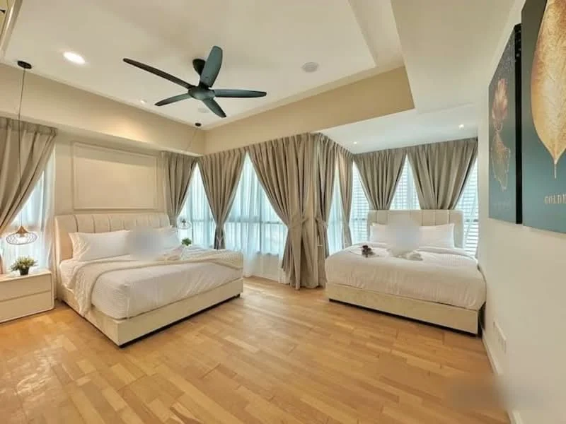 Bedroom features: two beds, queen-size bed with upholstered headboard, single bed, wooden flooring, floor-to-ceiling windows, sheer curtains, ceiling fan with light, decorative wall art, nightstand with lamp, built-in wardrobe; style: modern.