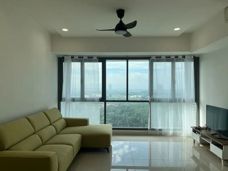 Living features: 3-seater fabric sofa in light green, floor-to-ceiling windows, sheer curtains, recessed downlights, ceiling fan, wall-mounted TV, TV console, glossy tile flooring, city view, neutral painted walls; style: modern; view: city.