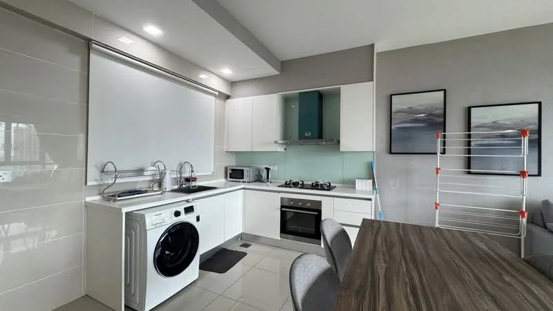 Kitchen features: white cabinetry, grey countertop, single-bowl stainless-steel sink, chrome pull-down faucet, built-in oven, freestanding range oven, microwave, washing machine, refrigerator, dining table with chairs, tile flooring, recessed downlights, window with sheer curtains; style: modern.