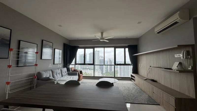 Living features: grey fabric sofa, 3-seater sofa, coffee table, TV console, wall-mounted TV, area rug, floor-to-ceiling windows, city view, ceiling fan, recessed downlights, wooden flooring, blackout curtains, decorative wall art, open layout; style: modern; view: city. Dining features: dining table, 4 dining chairs, wooden dining table, open layout; style: modern; view: city.
