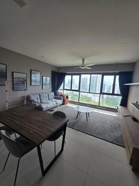 Living features: 3-seater fabric sofa in light grey, 2-seater fabric sofa in orange, coffee table with round top, area rug with grey pattern, wall-mounted TV, TV console with storage, floor-to-ceiling windows, curtains in dark blue, ceiling fan with light, decorative wall art, wooden flooring, light grey painted walls; style: modern; view: city. Dining features: 6-seater dining table in wood, 4 dining chairs, grey upholstered chairs, open space layout; style: modern; view: city.