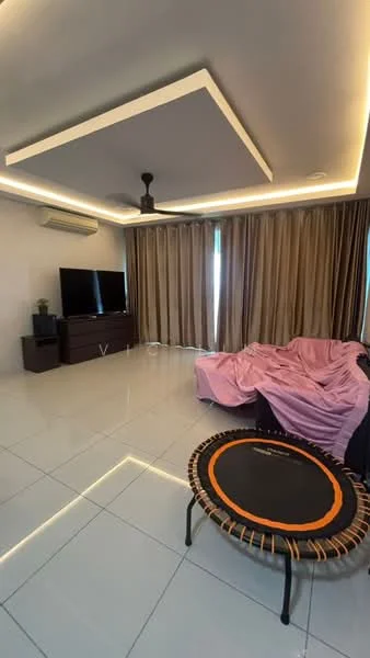 Living features: white painted walls, grey ceiling with recessed lighting, 5-blade ceiling fan with light, large floor-to-ceiling windows, curtains in beige, polished ceramic tile flooring, black TV console, wall-mounted TV, sofa with pink throw, trampoline, decorative plant on console; style: modern.