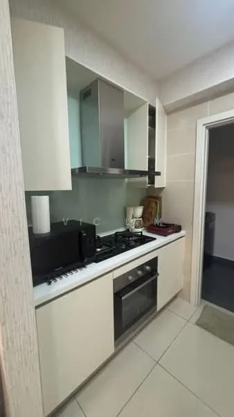 Kitchen features: white cabinetry, stainless-steel range hood, built-in oven, 4-burner gas hob, black countertop, glass backsplash, microwave, tile flooring, recessed downlights, kitchen utensils on countertop; style: modern.