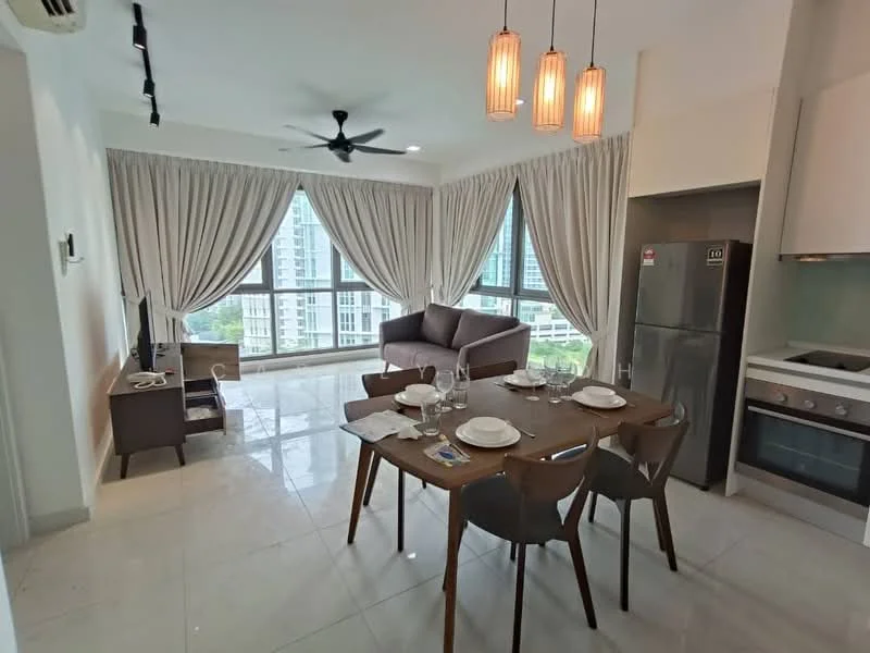 Living features: floor-to-ceiling windows, grey fabric sofa, 3-seater sofa, dining table for 4, wooden dining chairs, recessed downlights, ceiling fan, marble tile flooring, sheer curtains, TV console, stainless-steel fridge, built-in oven, kitchen countertop, open layout; style: modern; view: city.