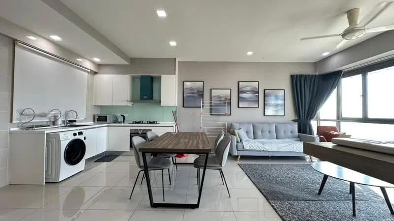 Kitchen features: white cabinetry, stainless-steel sink, chrome pull-down faucet, built-in oven, freestanding range oven, ceramic tile flooring, white backsplash, refrigerator, washing machine; style: modern. Living features: 3-seater fabric sofa in grey, coffee table, area rug with geometric pattern, floor-to-ceiling windows, ceiling fan, dining table with 4 chairs, decorative wall art; style: modern.