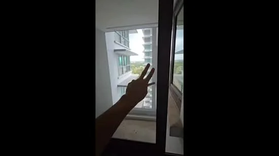 Room features: floor-to-ceiling windows, sliding glass door, concrete flooring, view of greenery, balcony space, modern design, natural light, open layout; style: modern; view: garden.
