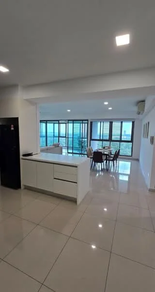 Kitchen features: white cabinetry, marble countertop, stainless-steel sink, built-in refrigerator, recessed downlights, ceramic tile flooring, open layout to dining area; style: modern; view: city. Dining features: dining table for four, upholstered dining chairs, floor-to-ceiling windows, natural light, view of the city; style: modern; view: city.
