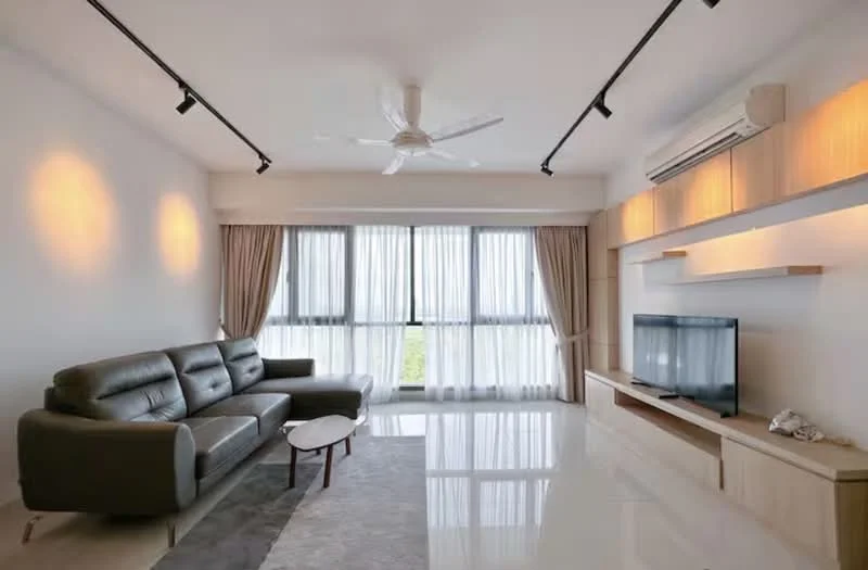 Living features: 3-seater leather sofa in dark grey, coffee table, wall-mounted TV, TV console, recessed LED downlights, 5-blade ceiling fan with light, floor-to-ceiling windows, sheer curtains, white painted walls, polished tile flooring, decorative wall shelves; style: modern; view: city.