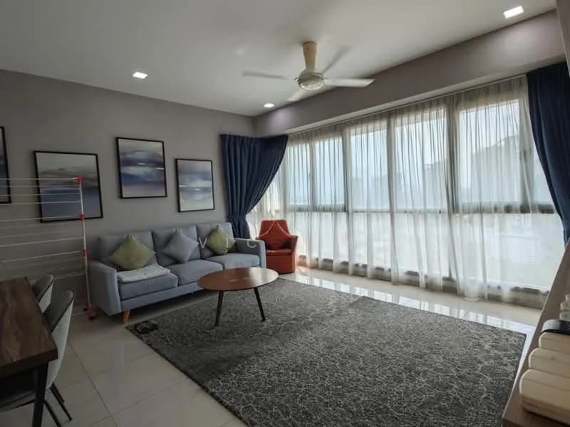 Living features: 3-seater fabric sofa in light grey, armchair in orange, round wooden coffee table, area rug with geometric pattern, floor-to-ceiling windows, sheer curtains, blue drapes, ceiling fan, wall-mounted artwork, tile flooring; style: modern; view: city.