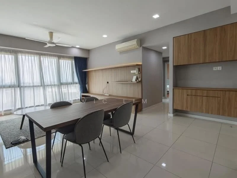 Dining features: dining table with four chairs, grey upholstered chairs, light wood dining table, recessed downlights, floor-to-ceiling windows, sheer curtains, air conditioning unit, light-coloured tiled flooring, wooden wall paneling, open shelving unit, wall-mounted decor, neutral wall colour; style: modern; view: city.