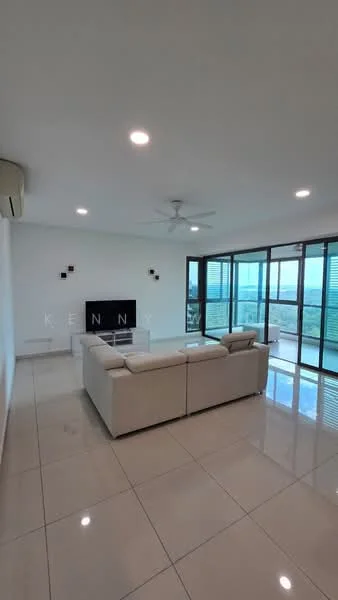 Living features: white painted walls, glossy ceramic tile flooring, 5-blade ceiling fan with light, recessed LED downlights, large floor-to-ceiling windows, sliding glass door, L-shape sectional sofa in white, wall-mounted TV, TV console, decorative wall sconces; style: modern; view: city.