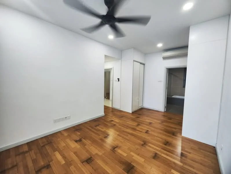 Room features: white painted walls, wooden flooring, 5-blade ceiling fan, recessed downlights, built-in wardrobe, doorway leading to bathroom, doorway leading to another room, air conditioning unit; style: modern.