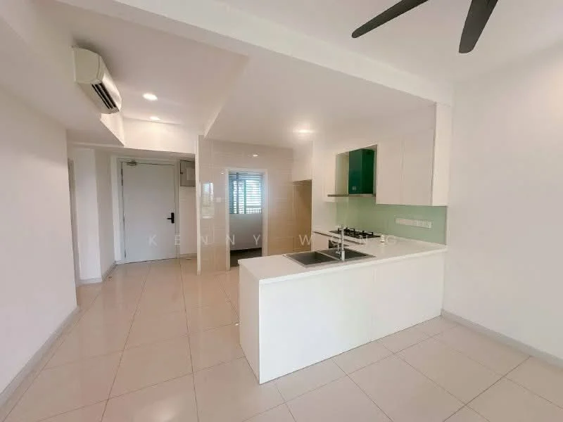 Kitchen features: white cabinetry, green backsplash, stainless-steel sink, 4-burner gas hob, built-in oven, white countertop, tile flooring, wall-mounted split AC, ceiling fan, window with blinds; style: modern. Room features: light-colored walls, tile flooring, door to hallway, window.