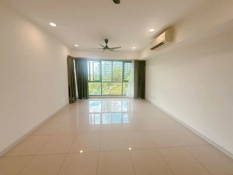Living features: white painted walls, glossy ceramic tile flooring, 5-blade ceiling fan with light, wall-mounted split AC, floor-to-ceiling windows, curtains, natural light, view of greenery; style: modern; view: garden.