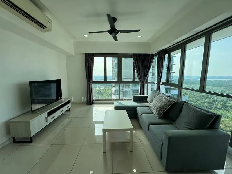 Living features: 3-seater fabric sofa in grey, 2-seater fabric sofa in light grey, white coffee table, TV console with storage, wall-mounted TV, floor-to-ceiling windows, curtains in dark grey, ceiling fan, recessed downlights, glossy tile flooring, view of greenery; style: modern; view: garden.