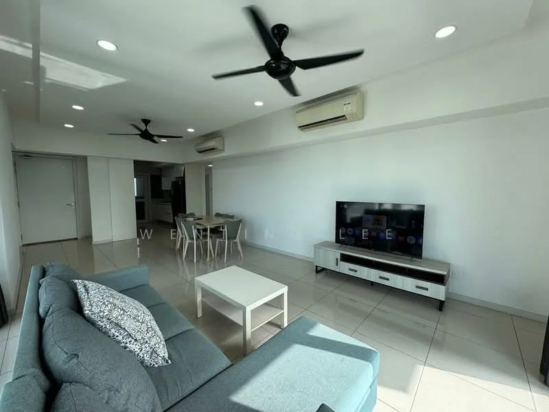 Living features: 3-seater fabric sofa in grey, coffee table, wall-mounted TV, TV console with storage, 2 ceiling fans, recessed LED downlights, cream painted walls, tile flooring, air conditioning unit, open layout to kitchen, large windows for natural light; style: modern.