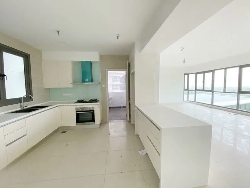 Kitchen features: white cabinetry, black countertop, single-bowl stainless-steel sink, chrome pull-down faucet, built-in gas hob, built-in oven, ceramic tile flooring, recessed downlights, window with view, open layout to living area; style: modern; view: city. Living features: floor-to-ceiling windows, white walls, ceramic tile flooring, recessed downlights, open layout to kitchen; style: modern; view: city.