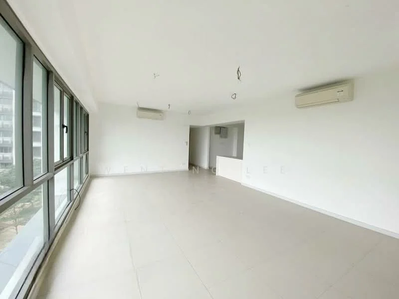 Room features: large floor-to-ceiling windows, white painted walls, light-colored tile flooring, 2 wall-mounted split AC units, open layout, no visible furniture, neutral color scheme, high ceiling; style: modern; view: garden.