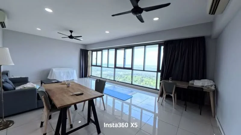 Living features: floor-to-ceiling windows, grey painted walls, white tiled flooring, 2 ceiling fans, sofa in dark grey, wooden dining table, 4 dining chairs, decorative table lamp, curtains in dark fabric, coffee cup on table, side table with items, view of greenery outside; style: modern; view: garden.