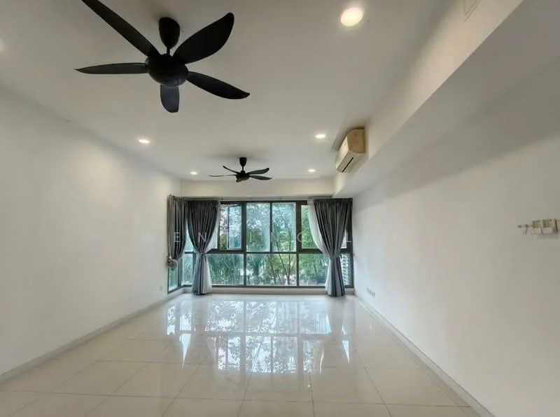 Living features: white painted walls, glossy ceramic tile flooring, 2 ceiling fans, recessed LED downlights, floor-to-ceiling windows, grey curtains, air conditioning unit, view of greenery; style: modern; view: garden.