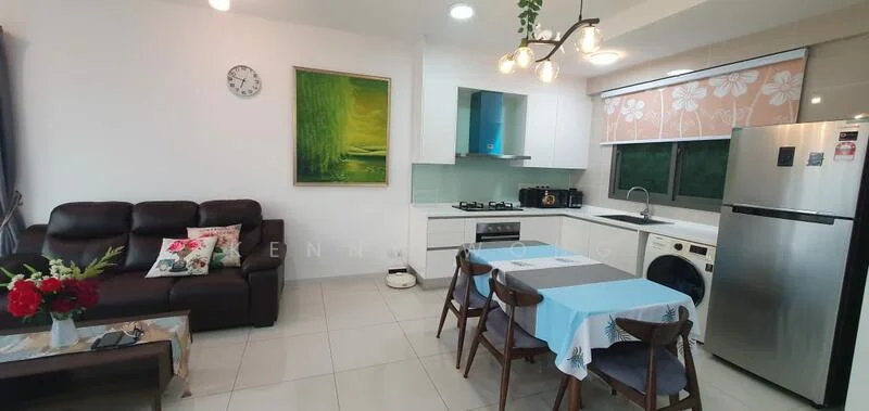 Kitchen features: white cabinets, stainless-steel fridge, built-in gas stove, exhaust hood, double-bowl stainless-steel sink, chrome pull-down faucet, grey countertop, tile backsplash, washing machine, window with floral curtain, dining table with blue tablecloth, 4 wooden dining chairs, 3-seater leather sofa in brown, wall clock, framed artwork; style: modern.