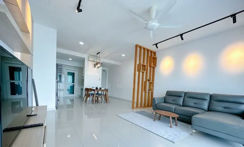Living features: 3-seater leather sofa in grey, coffee table, area rug, wall-mounted TV, ceiling fan, recessed LED downlights, white painted walls, glossy tile flooring, wooden feature wall, open layout to dining area; style: modern. Dining features: 4-seater dining table, wooden dining chairs, pendant light fixture, white walls, glossy tile flooring; style: modern.