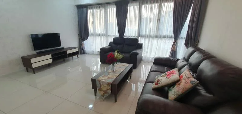 Living features: brown leather sofa, black leather recliner, coffee table with decorative surface, TV console with white and brown cabinetry, wall-mounted TV, large windows with sheer curtains, grey curtains, white painted walls, glossy ceramic tile flooring, decorative cushions on sofa, flower arrangement on coffee table; style: modern.