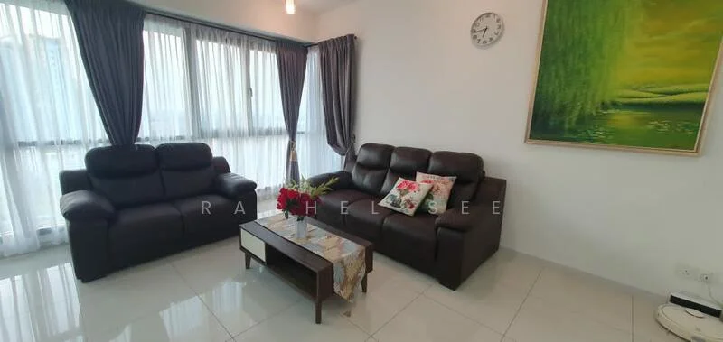 Living features: 2-seater leather sofa in dark brown, 3-seater leather sofa in dark brown, coffee table with decorative cloth, floor-to-ceiling windows with sheer curtains, grey curtains, wall-mounted clock, framed artwork, glossy tile flooring, white painted walls; style: modern; view: city.