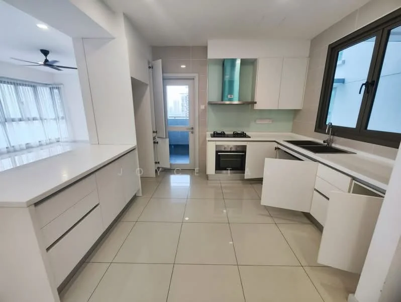 Kitchen features: white cabinetry with flat-panel doors, white quartz countertop, stainless-steel sink, chrome pull-down faucet, built-in gas stove with two burners, built-in oven, tile backsplash, large window with black frame, sliding glass door to balcony, ceiling fan, light-colored tile flooring, open layout with breakfast bar; style: modern; view: city.