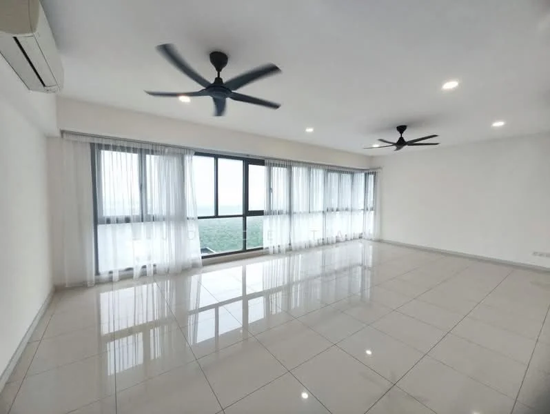 Living features: large floor-to-ceiling windows, white painted walls, polished ceramic tile flooring, 2 ceiling fans, sheer curtains, recessed LED downlights, open layout, city view; style: modern; view: city.