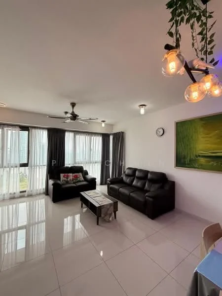 Living features: black leather sofa, 3-seater sofa, coffee table, ceiling fan with light, recessed downlights, floor-to-ceiling windows, sheer curtains, grey curtains, wall-mounted clock, decorative painting, white painted walls, glossy tile flooring; style: modern; view: city.