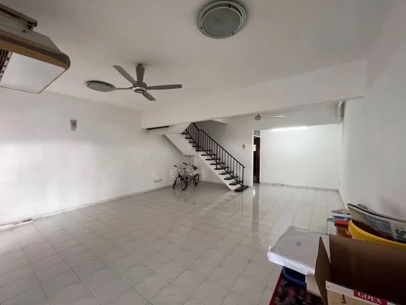 Room features: white painted walls, glossy ceramic tile flooring, exposed ceiling with recessed lights, 5-blade ceiling fan, staircase with metal railing, bicycle, open space layout, natural light from windows; style: minimalist.
