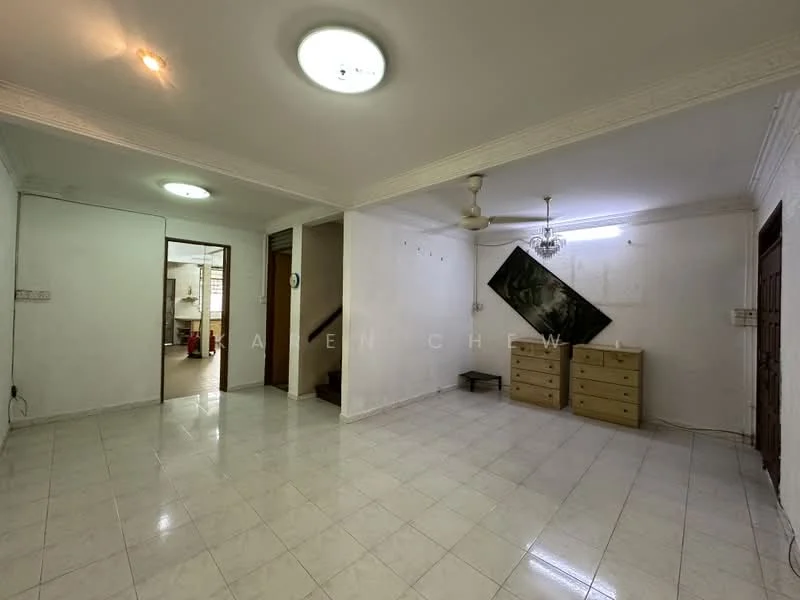 Living features: white painted walls, ceramic tile flooring, ceiling fan, recessed downlights, chandelier, built-in cabinets, large wall-mounted artwork, open layout. Room features: white painted walls, ceramic tile flooring, doorway leading to another room.