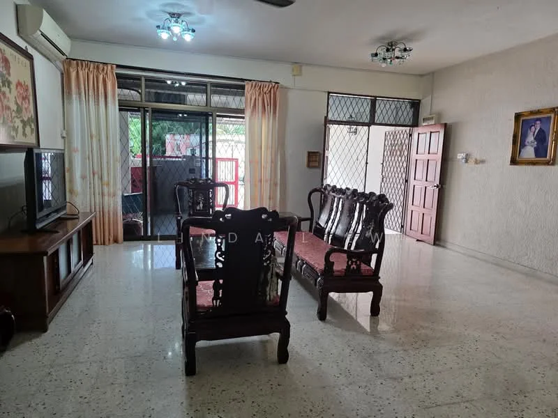 Living features: cream painted walls, polished concrete flooring, 5-blade ceiling fan with light, wall-mounted TV, wooden TV console, 2-seater wooden sofa, 2 armchairs, large glass sliding door, sheer curtains, decorative wall art, framed portrait, window with security grille; style: traditional; view: garden.