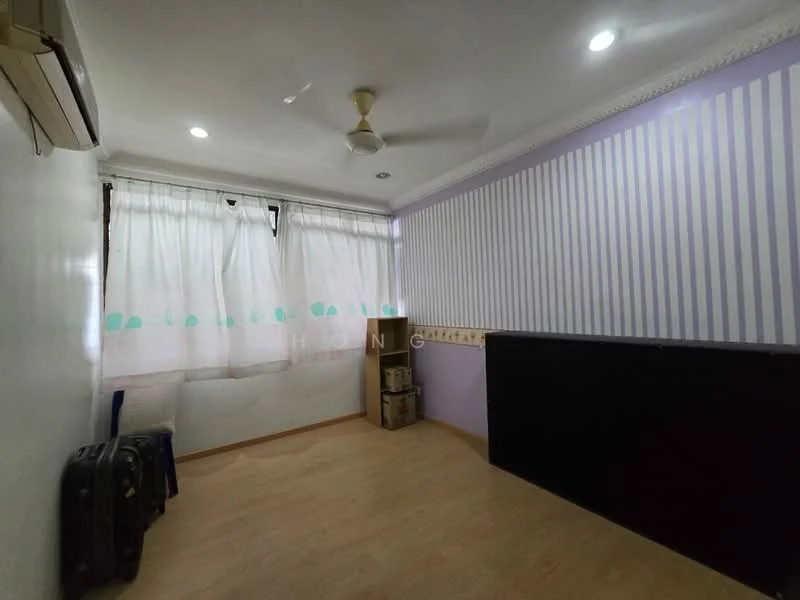 Room features: light wood laminate flooring, white painted walls, purple striped accent wall, floor-to-ceiling windows with sheer curtains, ceiling fan, wall-mounted split AC, decorative crown moulding, storage boxes, suitcases, blue plastic chair; style: modern.