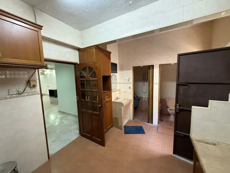 Kitchen features: wood cabinetry, cream tiled walls, brown laminate countertop, single-bowl stainless-steel sink, chrome pull-down faucet, built-in oven, stove with 4 burners, tile flooring, door leading to bathroom, door leading to living area. Bathroom features: white tiled walls, shower area, toilet, sink with mirror, tile flooring. Living features: open layout, tile flooring, door leading to kitchen, door leading to bathroom.
