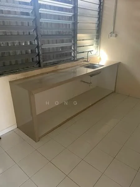 Kitchen features: single-bowl stainless-steel sink, chrome pull-down faucet, laminate countertop, white tiled backsplash, white painted walls, white floor tiles, window with horizontal metal grilles, open shelving below countertop; style: modern.