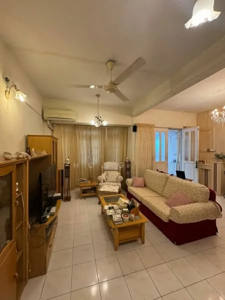 Living features: white painted walls, tiled flooring, 5-blade ceiling fan with light, sofa with beige upholstery, red throw blanket on sofa, wooden coffee table, wooden TV console, wall-mounted TV, decorative wall lights, curtains, area rug, side table with decorative items, armchair with floral pattern; style: traditional.