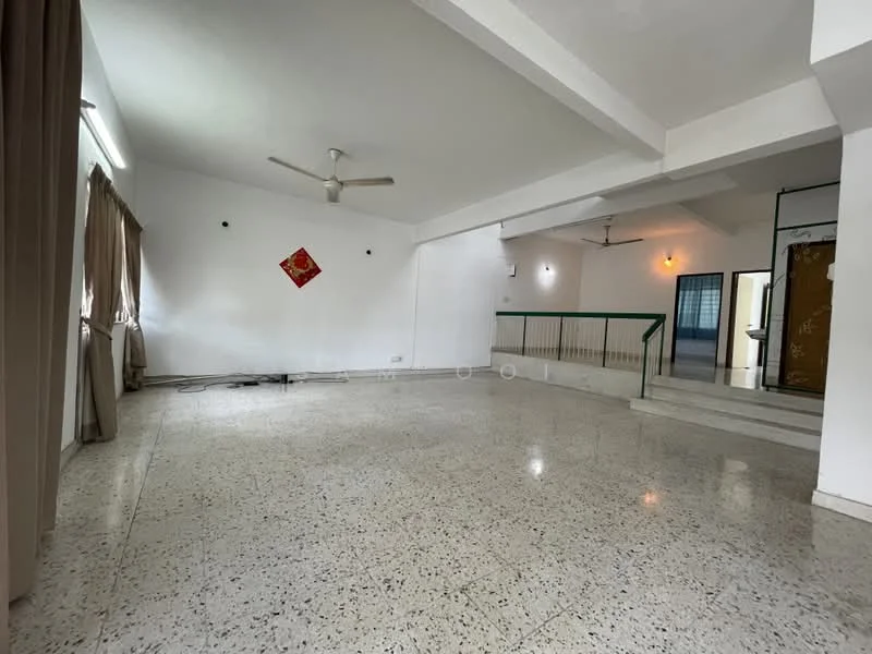 Living features: polished concrete flooring, white painted walls, exposed beams on ceiling, 5-blade ceiling fan, large windows with sheer curtains, decorative wall art, open layout, natural light from windows; style: modern.