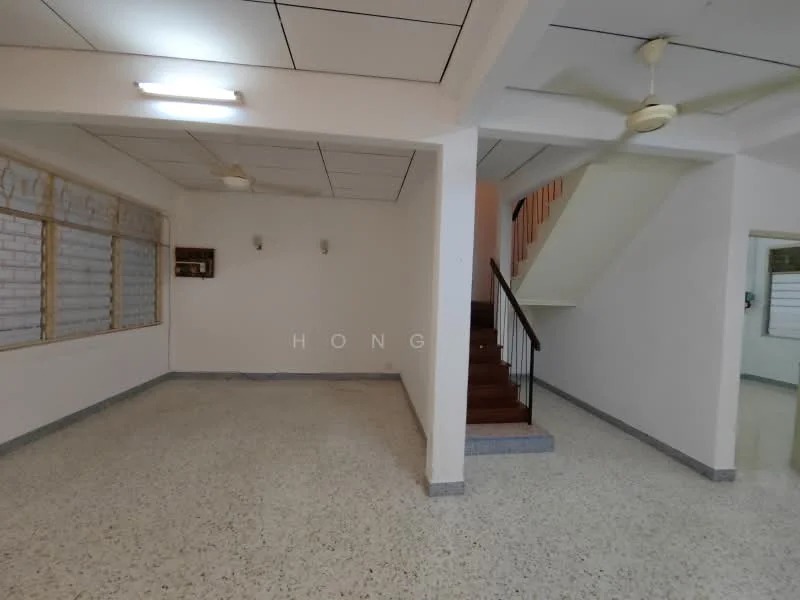 Room features: white painted walls, ceiling with recessed lighting, ceiling fan, terrazzo flooring, staircase with wooden steps, window with grille, open layout, natural light from windows; style: modern.