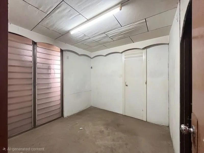 Room features: plain white walls, concrete flooring, drop ceiling, fluorescent lighting, single door, sliding door, corner room layout; style: minimalist.