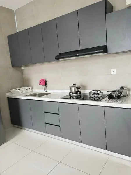 Kitchen features: grey cabinetry, white countertop, stainless-steel sink, chrome pull-down faucet, built-in gas stove, stainless-steel range hood, white tiled backsplash, ceramic tile flooring, kitchen utensils, dish rack; style: modern.