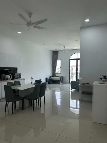 Living features: white painted walls, glossy tile flooring, 5-blade ceiling fan, sofa in grey fabric, coffee table, large window with view, curtains, dining table with 6 chairs, kitchenette with white cabinetry, microwave, kettle, refrigerator, built-in cabinetry; style: modern; view: city.