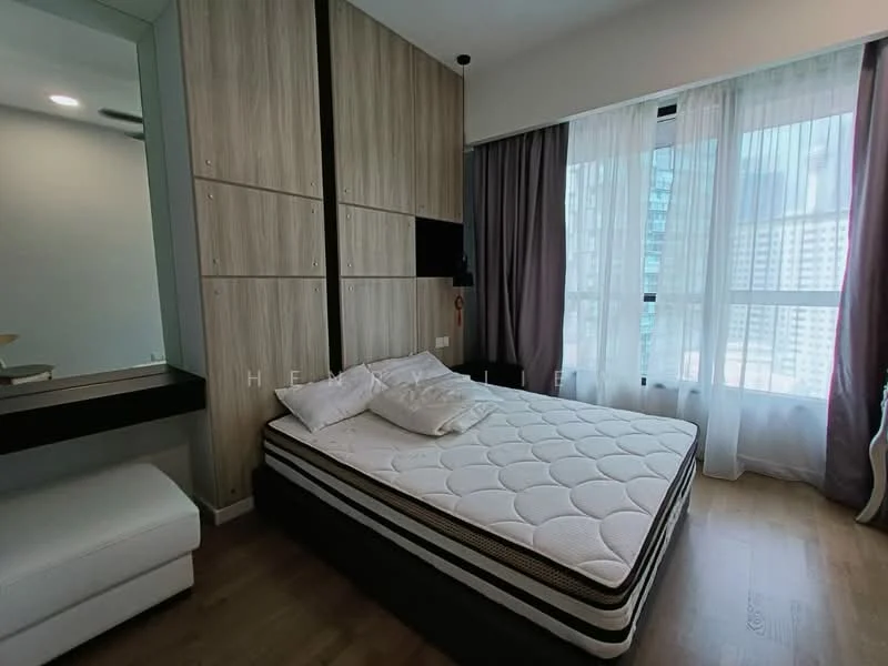 Bedroom features: queen-size bed, wooden flooring, built-in wardrobe with wood finish, floor-to-ceiling windows, sheer curtains, dark curtains, wall-mounted mirror, white upholstered sofa, decorative wall paneling; style: modern; view: city.
